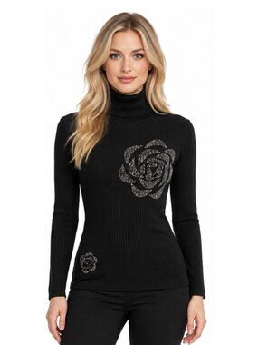 Women’s Black Turtleneck Sweater Rhinestone Floral Rose Design Petite Fitted Lo
